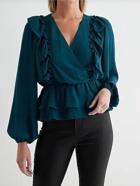 Express Deep Teal V-Neck Faux Wrap Flutter Ruffle Peplum Top, XS